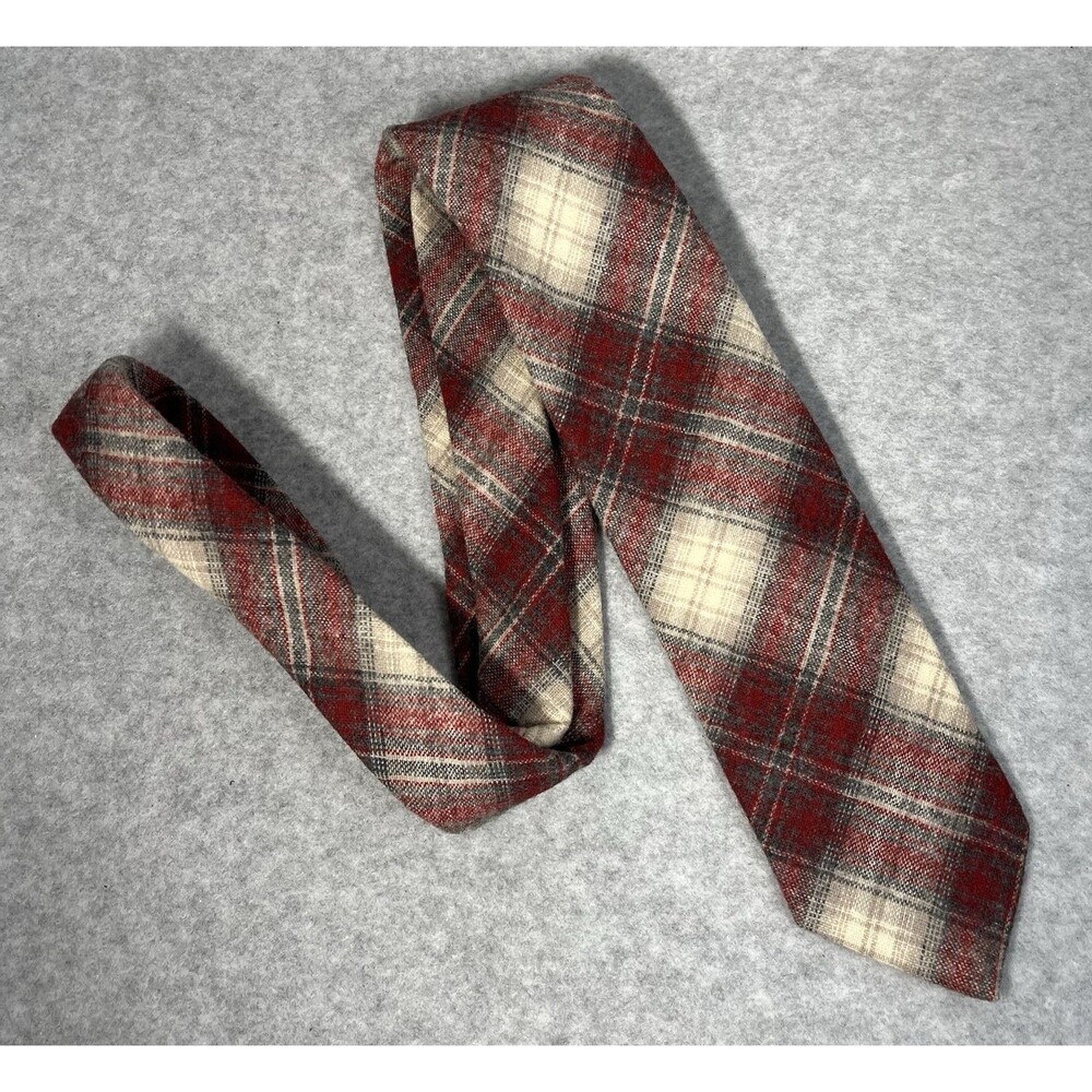 Vintage Pendleton Plaid Wool Neck Tie Red Gray Tan Beige Plaid  Classic Business